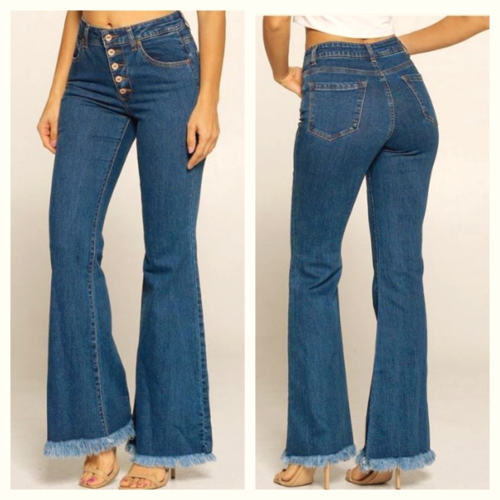 C'EST TOI  Black Label Mid Rise Button Down Wide Flare Jeans Size 5 / 26 ~NWT